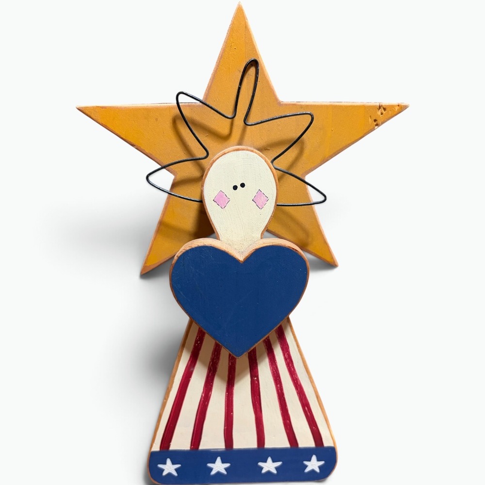 Folk Art Americana Wooden Angel Figurine Patriotic Star Signed Ardo 1992 8.5"VTG